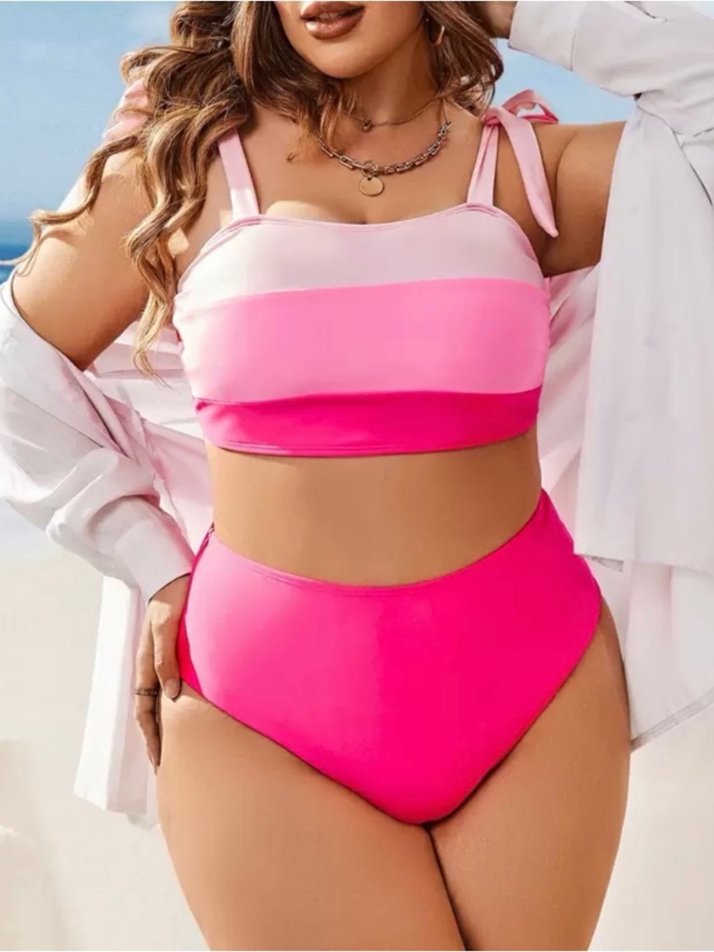 Women's Pink Colorblock Tie-Shoulder Swim Set
